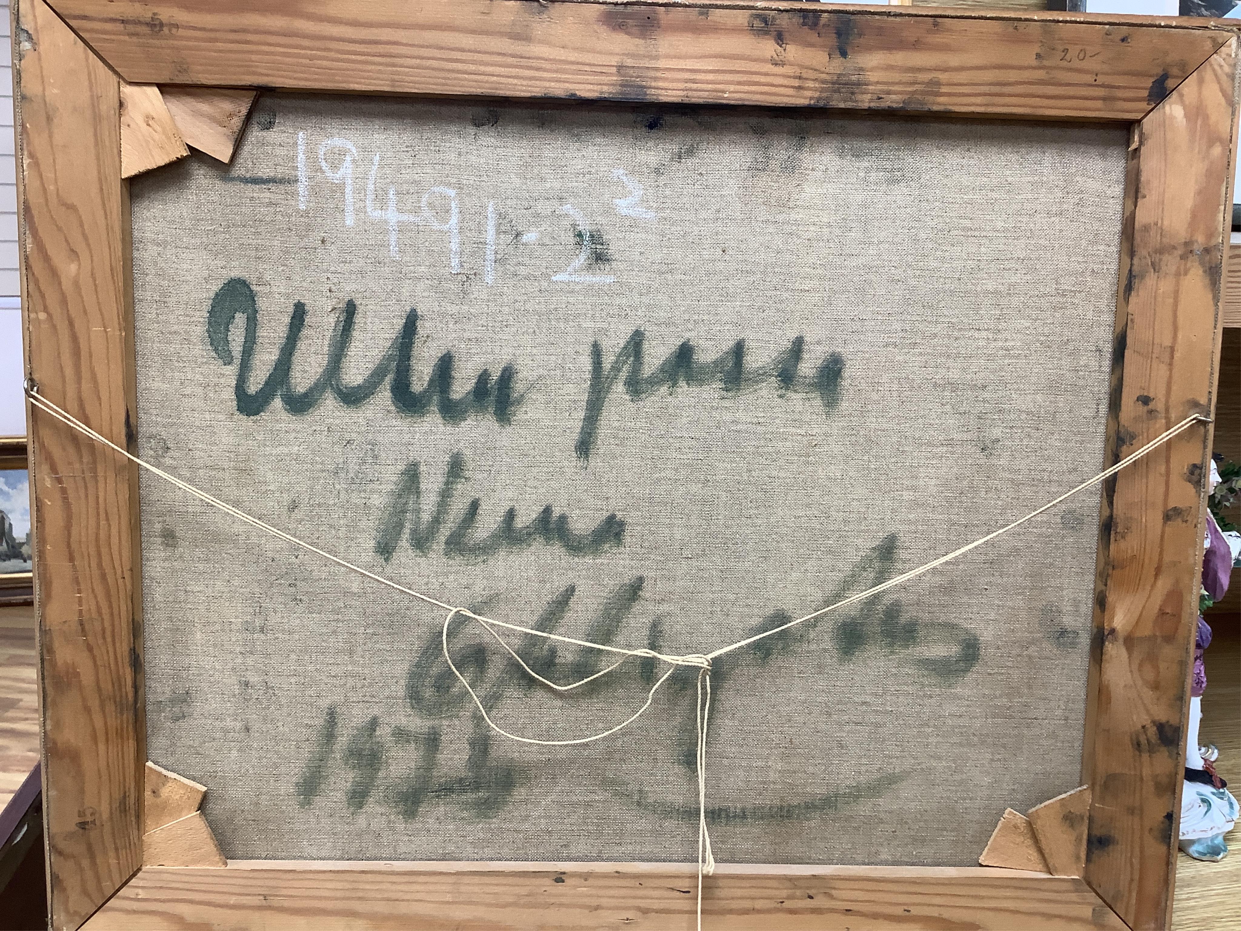 20th century, Figures before a landscape, inscribed verso, oil on canvas, together with an abstract oil on board, possibly by the same hand, largest 42 x 53cm